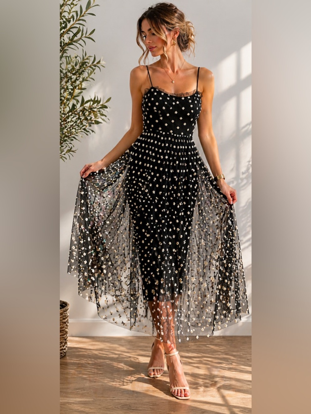 Zara Black Floral Embroidered Tulle Midi Dress Sheer Overlay Romantic unique